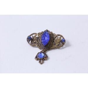 Unmarked, 1930s, Dangling, Blue Stone, Golden, Vintage, Brooch, Pin, Statement P